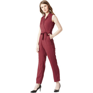 Chic Women Miss Chase Women's Maroon V-Neck Sleeveless Straight Leg Tie-Up Solid Belted Wrap Jum