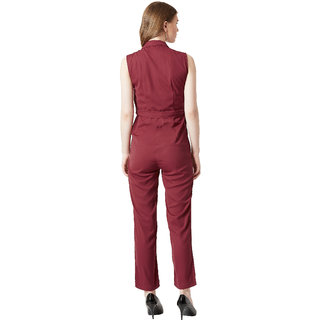 Chic Women Miss Chase Women's Maroon V-Neck Sleeveless Straight Leg Tie-Up Solid Belted Wrap Jum