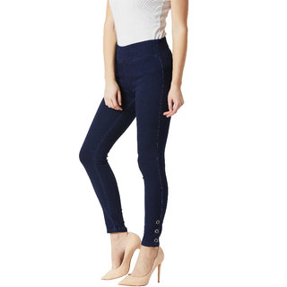 Elegant Women Miss Chase Women's Navy Blue Super Skinny Fit Eyelet Detailing High Rise Regular L
