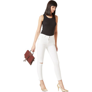 Chic Women Miss Chase Women's White Skinny Mid Rise Bleached Clean Look Cropped Knee Slit Stretc