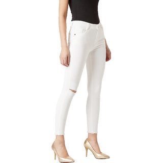 Chic Women Miss Chase Women's White Skinny Mid Rise Bleached Clean Look Cropped Knee Slit Stretc