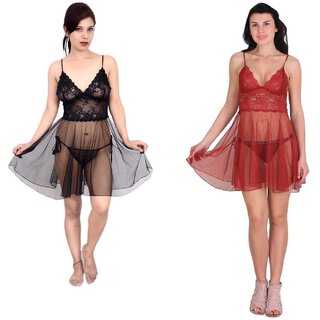 Kismat Fashion Sexy & Stylish Net Babydoll Nighty With Panty Set Pack Of Two Babydoll