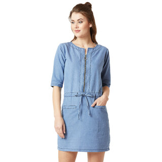 Affordable Women Miss Chase Women's Light Blue Round Neck 3/4 Sleeve Denim Solid Midi Shift Dres