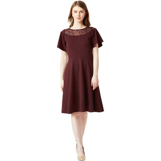 Chic Women Miss Chase Women's Wine Red Round Neck Flared Short Sleeve Solid Skater Knee-Long Lac