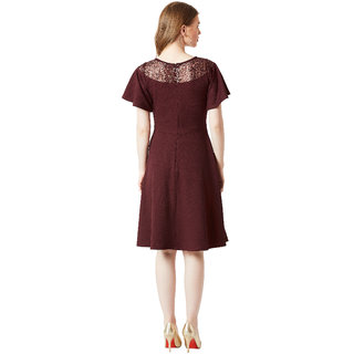 Chic Women Miss Chase Women's Wine Red Round Neck Flared Short Sleeve Solid Skater Knee-Long Lac