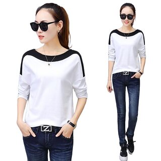 Vivient Women Plain White Black Shoulder Tee