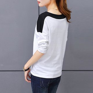Vivient Women Plain White Black Shoulder Tee