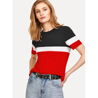 Vivient Women Black White Red Colour Block T-Shirt
