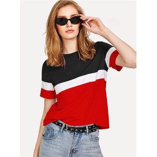 Vivient Women Black White Red Colour Block T-Shirt