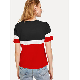 Vivient Women Black White Red Colour Block T-Shirt