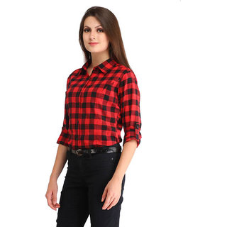 Vivient Women Red Black Check Printed Cotton Shirt