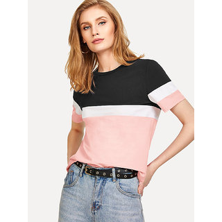 Code Yellow Women's Black White Pink Color Block Hosiery Tee
